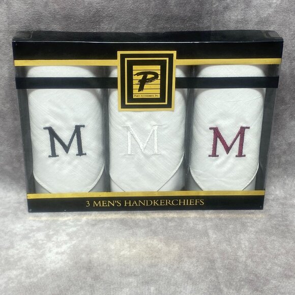Paris Accessories 3 Mens Handkerchiefs 100% Cotton Embroidered Initials M White - Picture 1 of 4